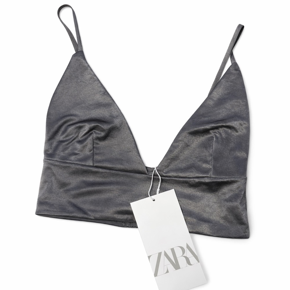 ZARA Metallic Charcoal V-Neck Bralette Size S NWT